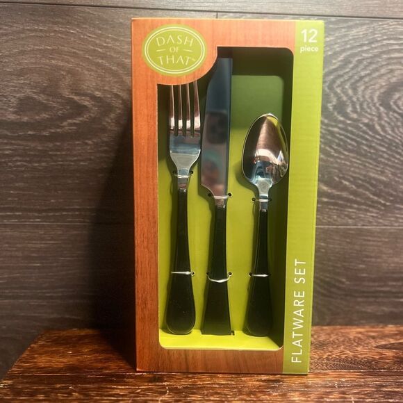 Dash of That Nora 12 Piece Stainless Steel Flatware with Sleek Black Handle. NIB - Picture 1 of 5